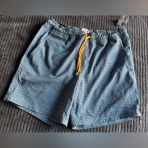 J. Crew Navy Geometric Swim Trunks with Bright Athletic Gold Accent